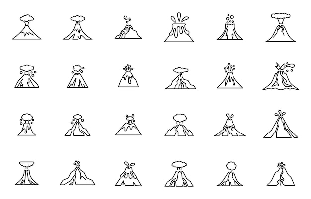 Icônes D'éruption Volcanique Définies Vecteur De Contour Volcan Actif