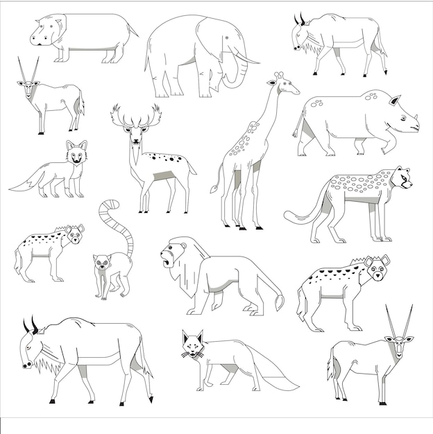 Vecteur icones d'espèces animales croquis dessiné à la main en noir et blanc