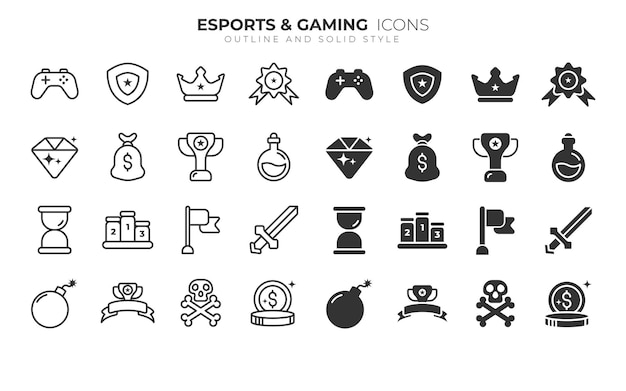 Icônes d'esports et de jeux avec contour et style solide