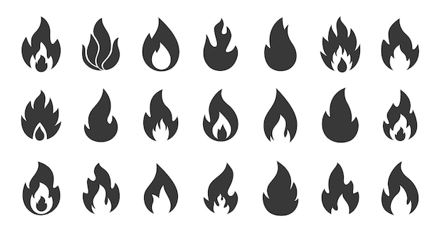 Vecteur icônes de feu silhouettes de flammes simples signes d'avertissement de contour noir collection de symboles d'information sur le carburant et les produits chauds feu de joie ou liquide inflammable ensemble de contours vectoriels ardents