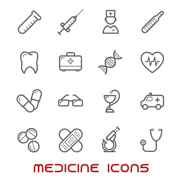Icônes de fine ligne de médecine et de santé sertie de silhouettes de panneaux d'hôpital et de pharmacie