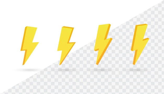 Icônes de flash d'éclairage de tonnerre et de boulon en 3d ou symboles d'orage d'électricité