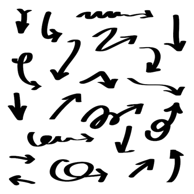Icônes de flèches noires dessinées à la main Définir l'icône de flèche avec différentes directions Illustration vectorielle Doodle isolée sur fond blanc