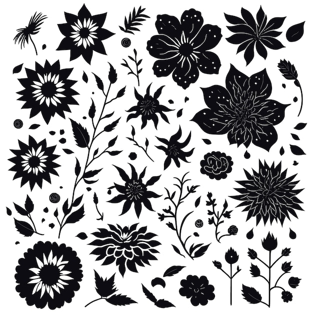 Icônes de fleurs et de formes noires Daisy floral forme organique étoile de nuage et autres éléments dans un style tendance