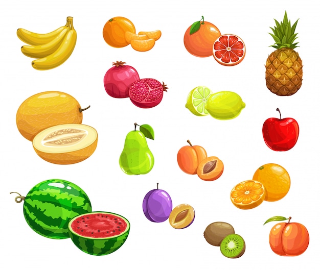 Icônes de fruits frais mûrs naturels de dessin animé