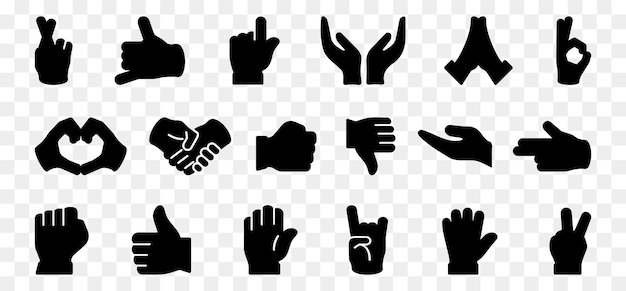 Icones de gestes de la main en noir sur un fond transparent Icon de gestes des mains en différentes formes Les mains de l'homme font des gestes montrant le doigt et le pouce vers le haut comme