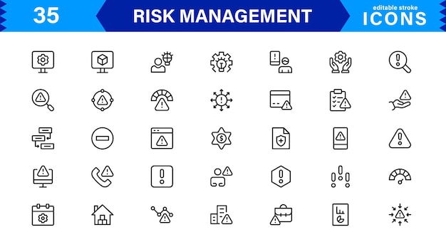 Icones de gestion professionnelle des risques couvrant l'évaluation de la planification des risques, les concepts de précaution et de prévention avec une conception minimale propre