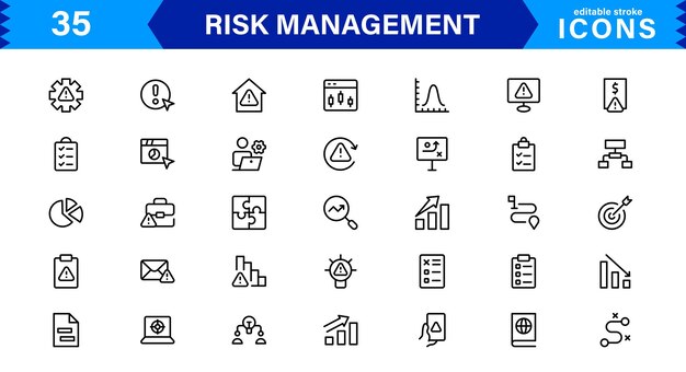 Icones de gestion professionnelle des risques couvrant l'évaluation de la planification des risques, les concepts de précaution et de prévention avec une conception minimale propre