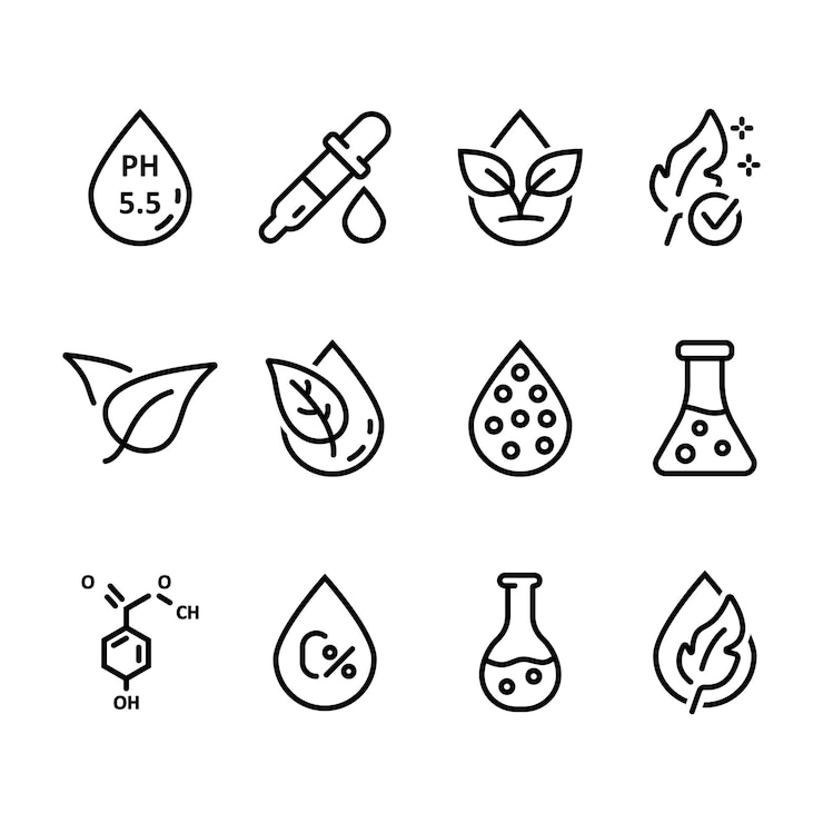 Vecteur icones en gras liées à des produits chimiques testés icones de cosmétiques biologiques respectueux de l'environnement