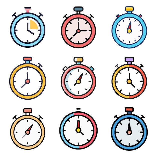 Les icônes de l'heure ronde, le chronomètre, l'amplificateur, le cercle d'horloge, les modèles de logo