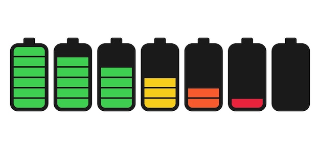 Vecteur les icônes de l'indicateur de charge de la batterie, le niveau de charge du téléphone, la couleur, la collection de la puissance de charge