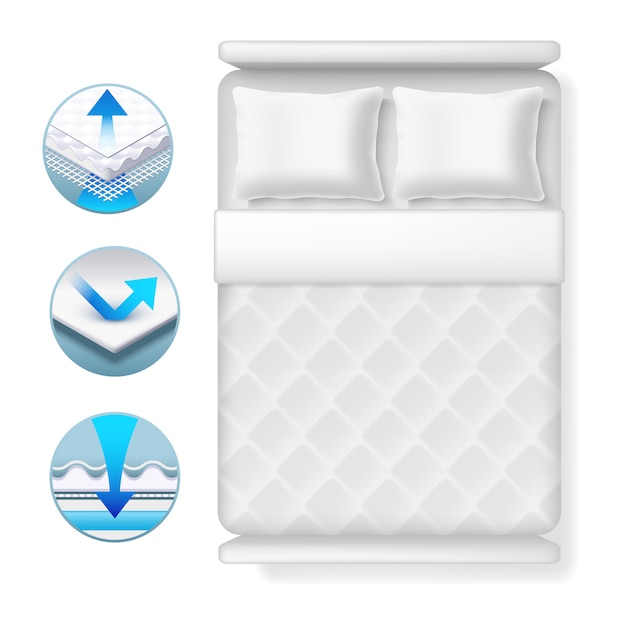Vecteur icônes d'informations sur le matelas de lit. lit blanc réaliste avec oreillers et couverture