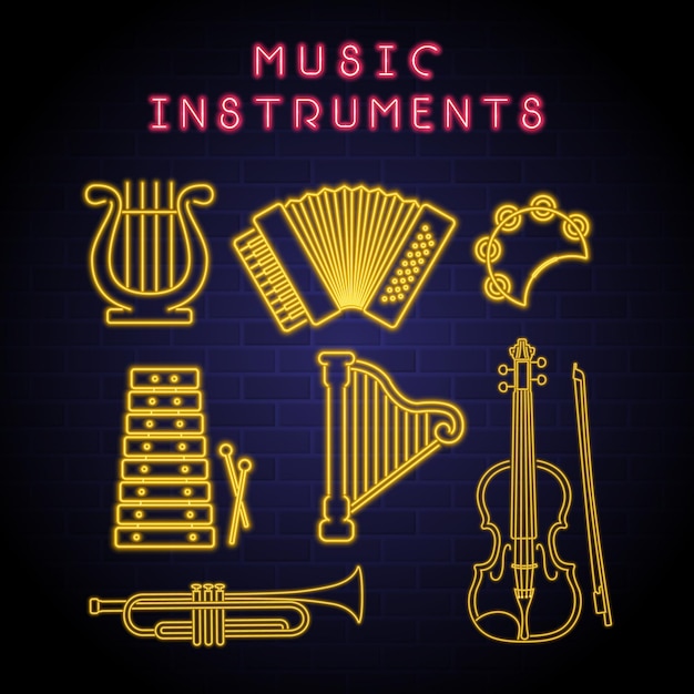 Vecteur icônes d'instruments de musique avec élément de lumière néon