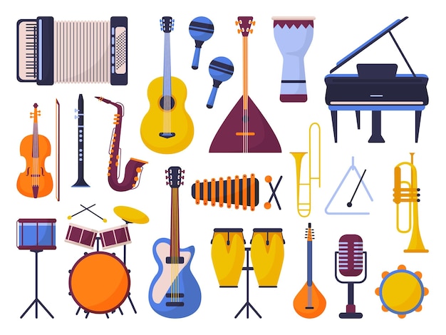 Vecteur icônes d'instruments de musique tambour électronique violon clarinette et guitare groupe de jazz éléments de dessins animés plats flûte accordéon orchestre ensemble vectoriel néotérique d'illustration de musique de guitare électronique