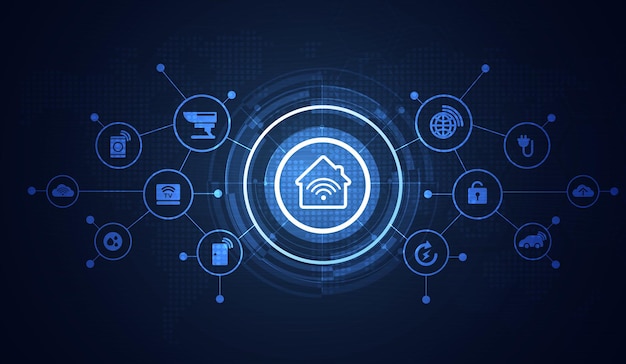 Icônes D'interface De Maison Intelligente à L'intérieur De La Chambre. Contrôle De Concept Et Technologie Moderne Sur Un écran Virtuel, Utilisateur Touchant Un Bouton. Conception De Vecteur.