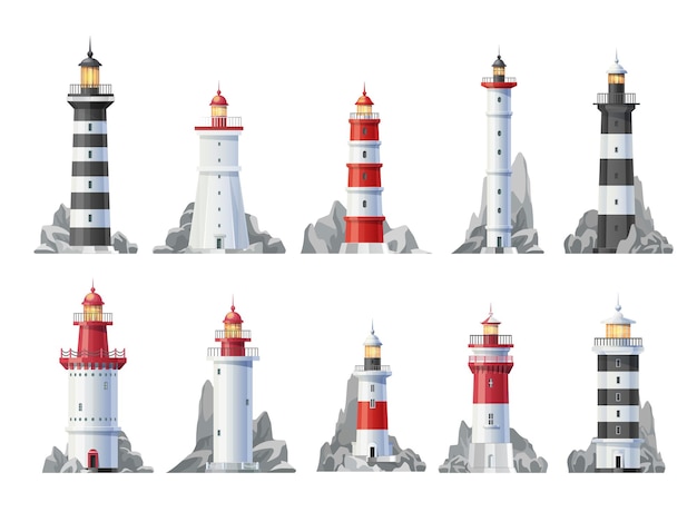 Icônes isolées de bâtiments de phare nautique