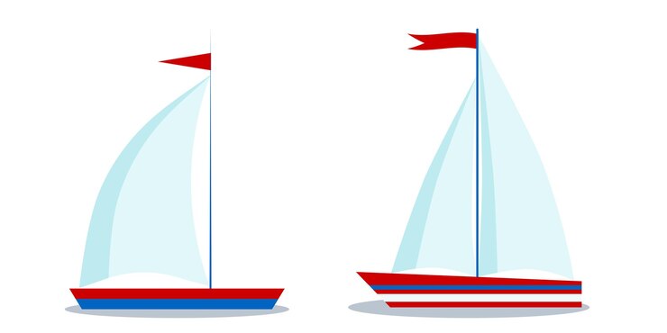 Vecteur icônes isolées de voiliers bleus et rouges de style dessin animé avec une et deux voiles sur fond blanc. illustration vectorielle design plat. élément de design graphique marin pour enfants pour logo, web.