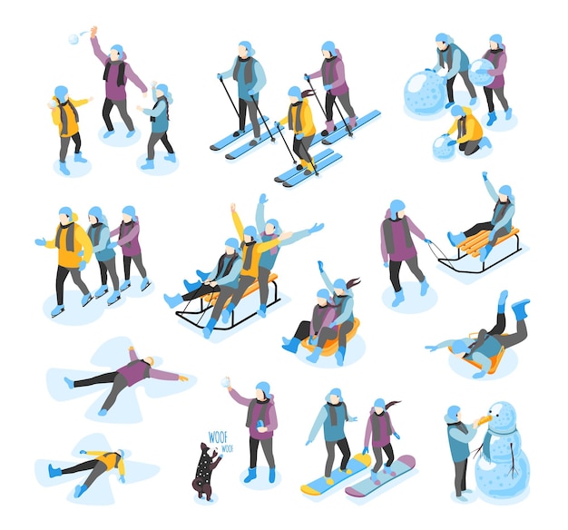 Icônes Isométriques Amusantes D'hiver Sertie De Traîneau Ski Snowboard Bâtiment Bonhomme De Neige Faisant Des Anges De Neige Recolorer L'illustration Vectorielle