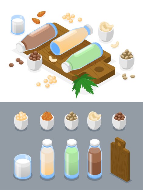 Icones isométriques de lait végétalien avec illustration de différents types de lait biologique