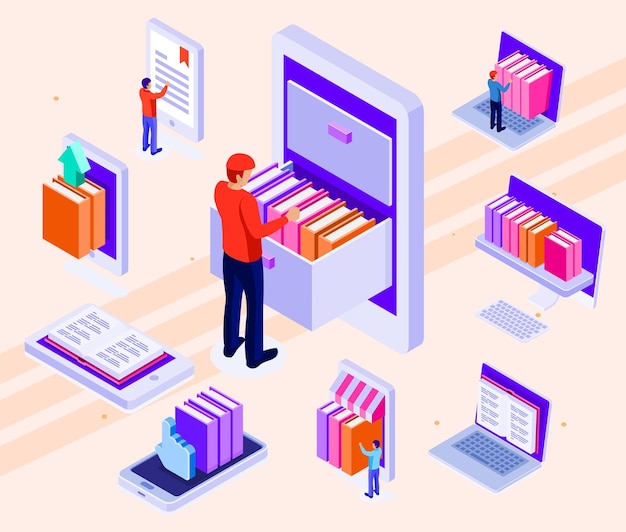 Icones isométriques représentant la lecture de livres en ligne et les outils connexes