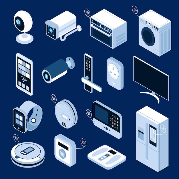 Icônes Isométriques Sertie D'appareils électroménagers Intelligents Et De Gadgets Isolés Sur Fond Bleu Illustration Vectorielle 3d