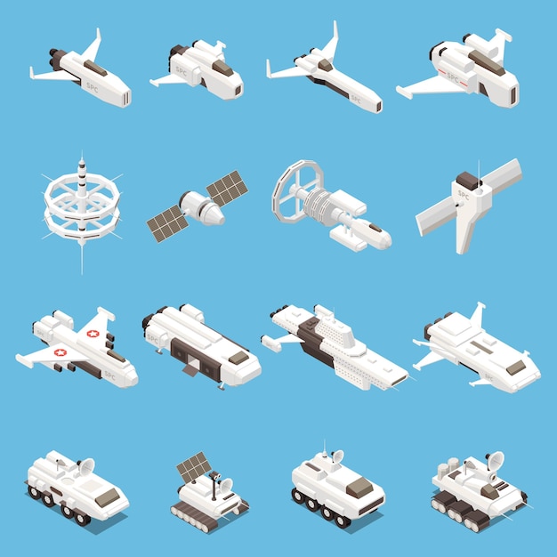 Icônes Isométriques Serties De Divers Vaisseaux Spatiaux Et Stations Isolées Sur Fond Bleu Illustration Vectorielle 3d