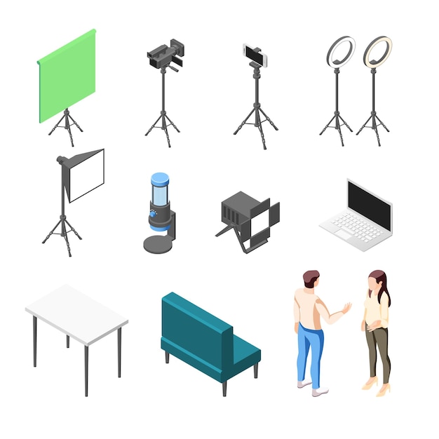 Icônes Isométriques De Vlogging Serties De Mobilier D'équipement D'appareils électroniques Pour La Diffusion De Vidéos Et De Personnages Humains Illustration Vectorielle Isolée 3d