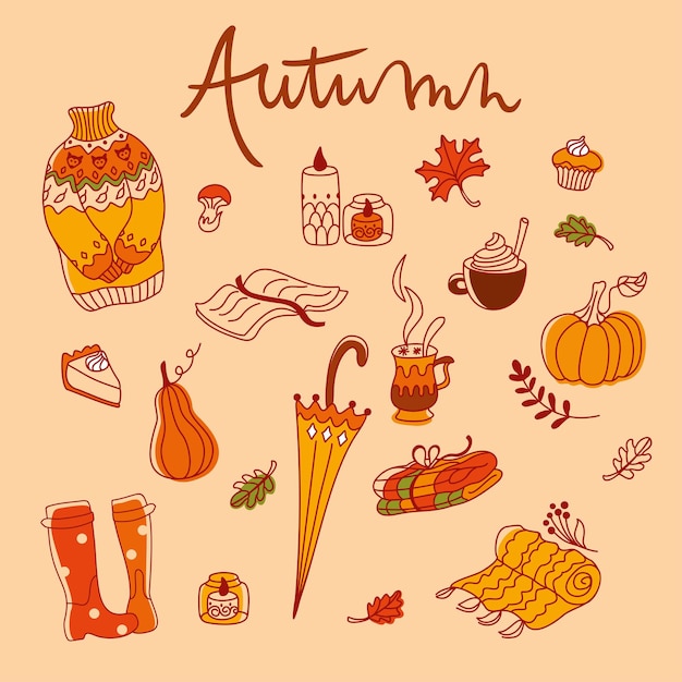 Icônes De Jeu D'automne Dans Les Tons Orange Autocollants Confortables Vibes D'automne Illustration Vectorielle