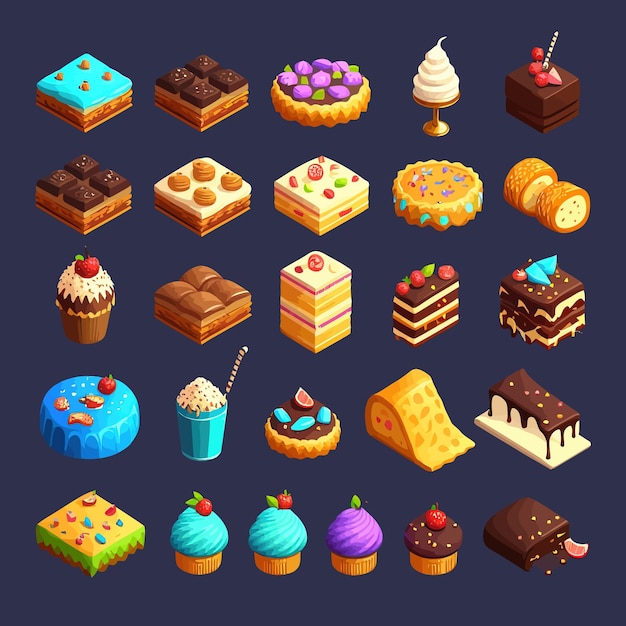 Icônes De Jeu Gâteaux Bonbons Et Desserts Isolés Sur Fond Illustration Vectorielle De Dessin Animé