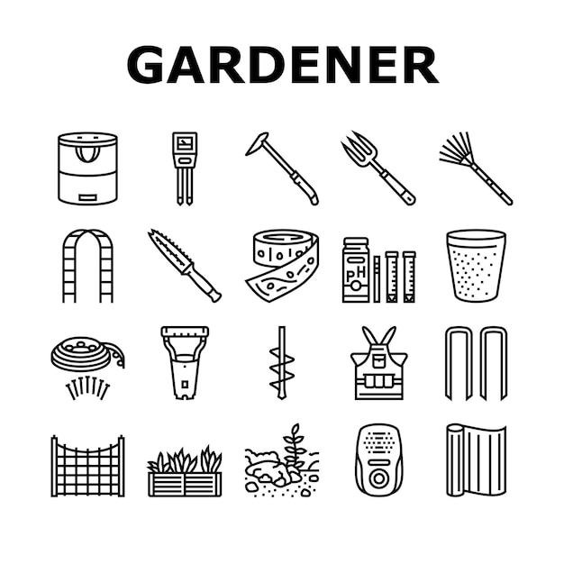 Icones de jeu de vecteur d'outils de jardinage