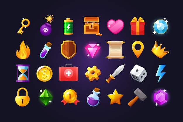 Les icônes de jeux de dessins animés vectoriels incluent des batteries, des pierres précieuses, des pièces d'or, des boîtes-cadeaux, des épées, etc.