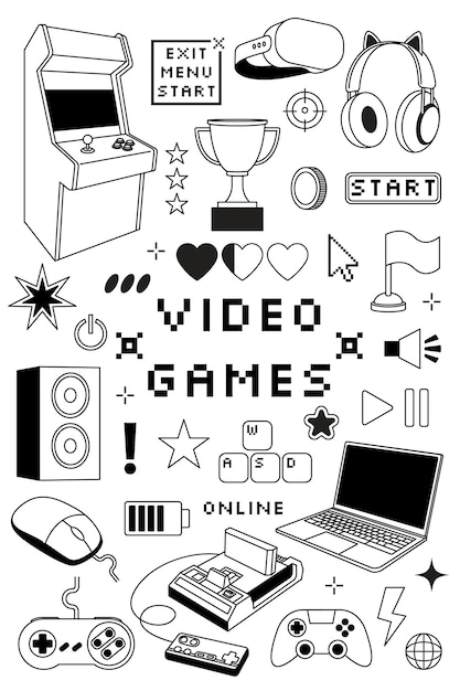 Icones de jeux vidéo Design d'affiche d'arcade rétro Illustration de Doodle Console de commande Joystick portable blanc Ordinateur de jeu Éléments de jeu Vector technologie amusant simple