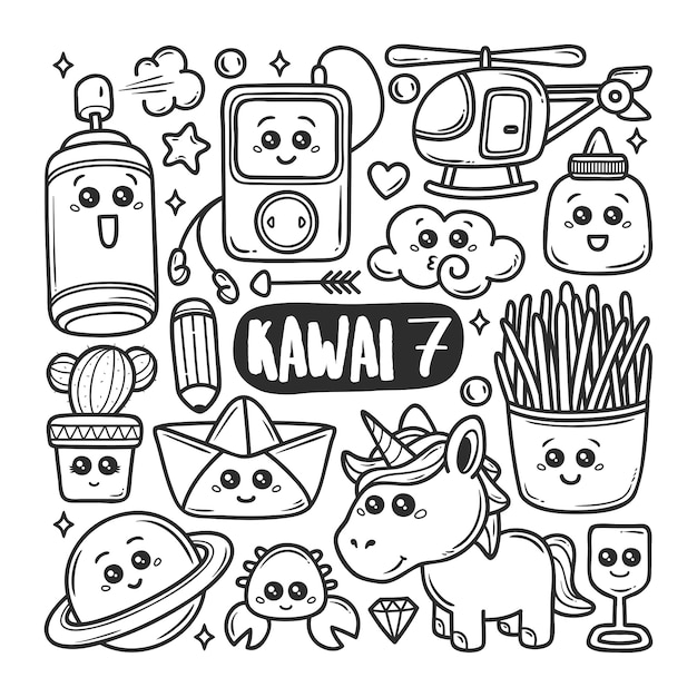 Vecteur icônes kawaii doodle dessiné main coloriage