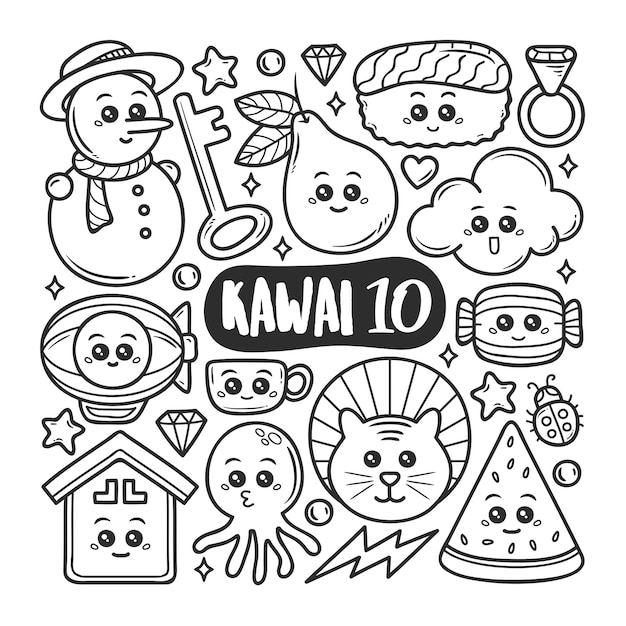 Icônes Kawaii Doodle Dessiné Main Coloriage