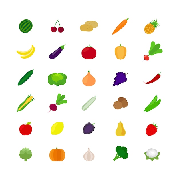 Icônes de légumes et de fruits dans un style plat