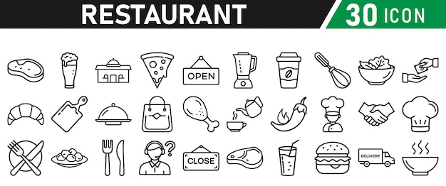 Les icônes liées au restaurant sont constituées d'icônes vectorielles minces en noir et blanc.