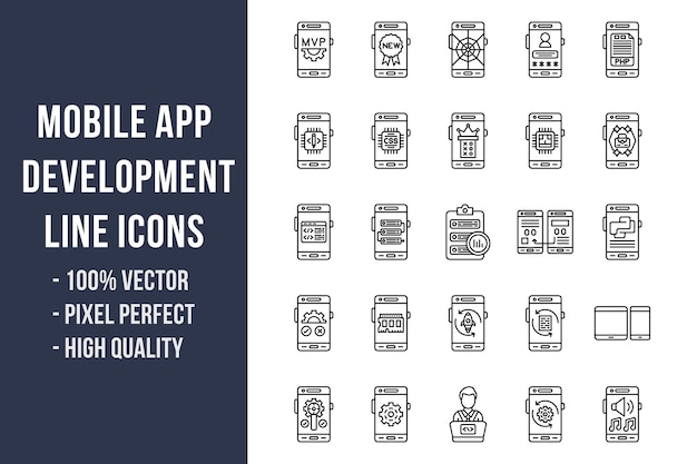 Vecteur icônes de ligne de développement d'applications mobiles