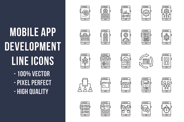 Icônes de ligne de développement d'applications mobiles