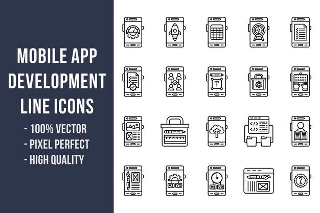 Icônes de ligne de développement d'applications mobiles