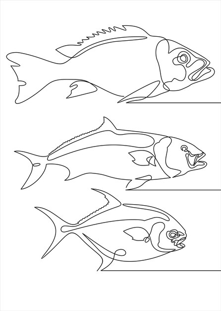 Icônes De Ligne Ensemble De Poissons. Ligne Continue