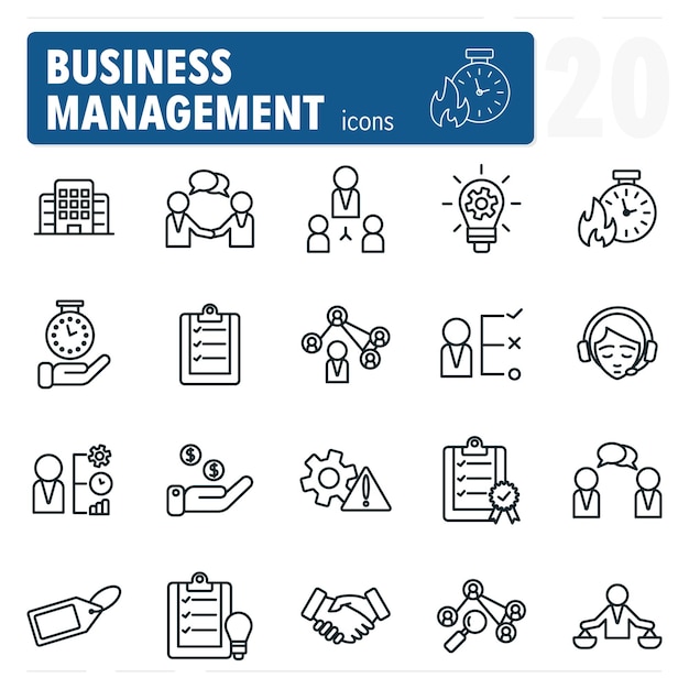 Icones de ligne de gestion d'entreprise montrant des hommes d'affaires et