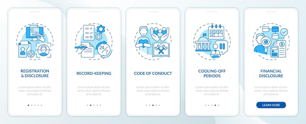 Icônes de ligne mince 2D représentant l'écran de l'application mobile du gouvernement de lobbying, ensemble d'instructions graphiques en 5 étapes, modèle d'interface utilisateur UX GUI