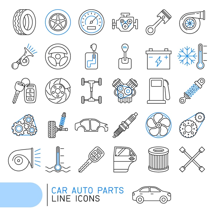 Icônes de ligne de pièces automobiles de voiture