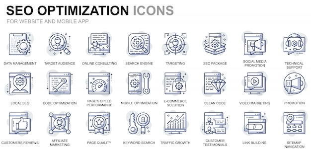 Icônes de ligne de référencement simple et d'optimisation Web pour les sites Web et les applications mobiles