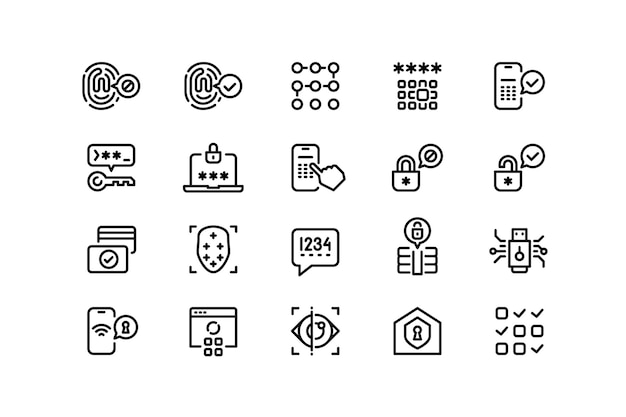 Icônes De La Ligne De Sécurité De L'application Détection Des Visages Code Pin Et Mot De Passe Globe Oculaire Et Empreinte Digitale Clé D'accès Physique Et électronique Collection De Traits Modifiables Vectoriels