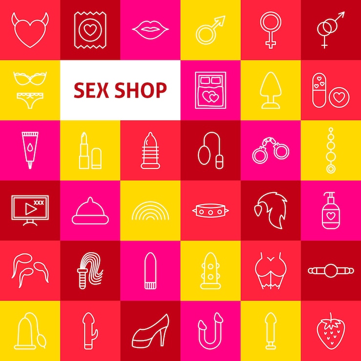 Vecteur icônes de ligne de sex shop de vecteur. symboles de jouets pour adultes à contour mince sur des carrés colorés.