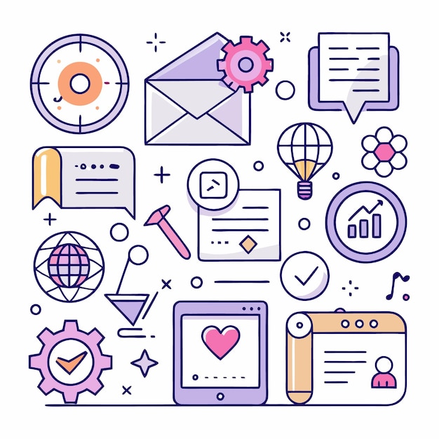 Icones de lignes colorées pour la communication et les affaires sur les réseaux sociaux
