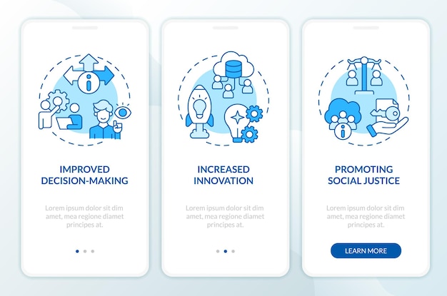 Icônes linéaires bleues 2D représentant l'écran de l'application mobile de démocratisation des données défini en 3 étapes instructions graphiques modèle UI UX GUI