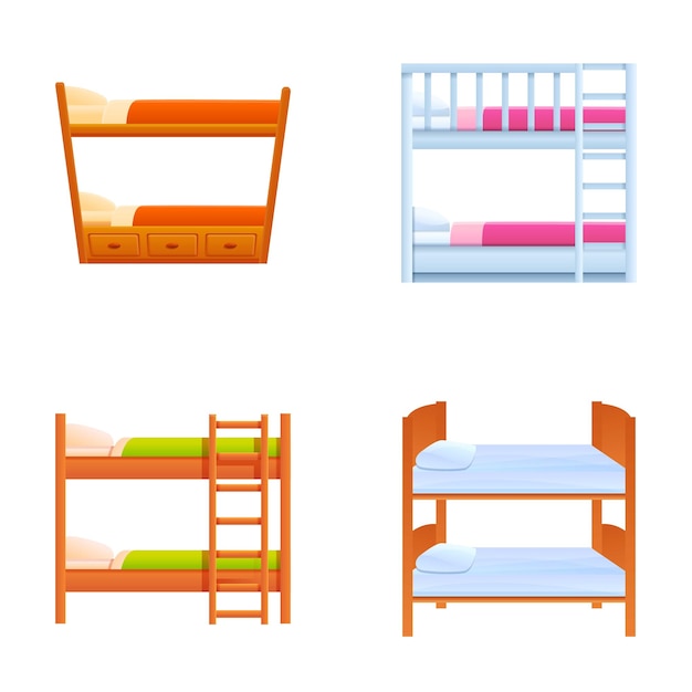 Icones de lit double jeu de vecteur de dessins animés Lit à deux niveaux avec oreiller de matelas et couverture