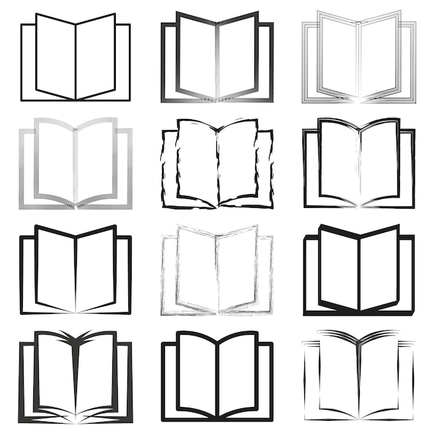 Icones de livre ouvert Collection de styles variés Symboles de lecture simples Dessin et contours Illustrations